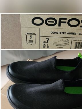 OOFOS OOmG Eezee Women's Slip-On Shoes in Black w/ Lime Green Accents Sz. 6.5*/7